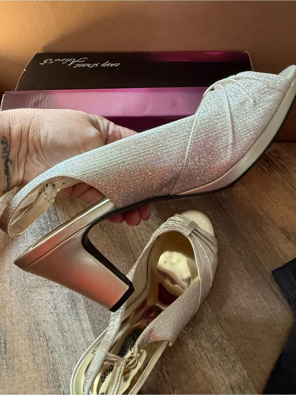 easy street Nude/Tan Open-Toe Slingback Heels with Pleated Detail